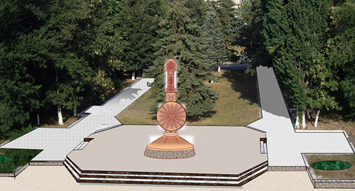 Проект памятника  «Ущелье скорби» представляет собой архитектурную композицию общей высотой в 6 метров, состоящую из двух основных элементов - кинжала и щита. Фото 
 http://gorets-media.ru/http:/zhiteli-kchr-smogut-vyskazat-mnenie-o-memoriale-zhertvam-kavkazskoj-vojny
