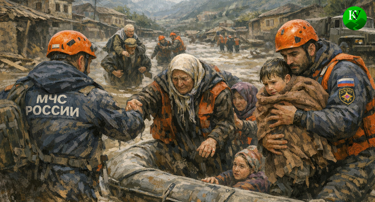 Спасатели во время наводнения. Иллюстрация создана «Кавказским узлом» с помощью ИИ в программе Copilot Спасатели во время наводнения. Иллюстрация создана «Кавказским узлом» с помощью ИИ в программе Copilot