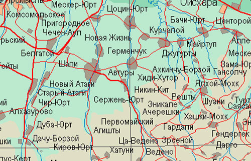 Райцентр Шали на карте. Карта с сайта www.mirkart.ru