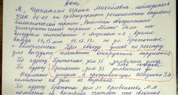 Заявление от наблюдателей партии "Яблоко" о нарушениях в ходе голосования на досрочных выборах главы Белореченска. Краснодарский край, 1 декабря 2013 г. Фото: https://twitter.com/YablokoKRD/status/407043824301531136/photo/1/large