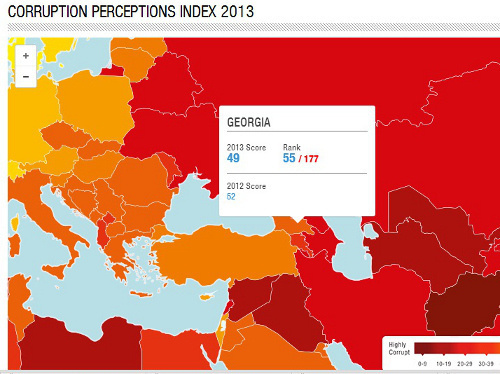 Результат Грузии на интерактивной карте Индекса восприятия коррупции за 2013 год, опубликованной международной неправительственной организацией Transparency International, http://cpi.transparency.org/cpi2013/results