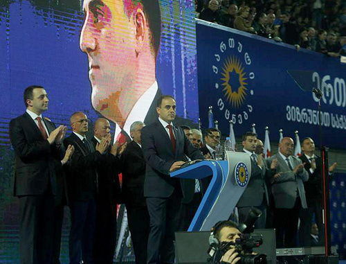 Официальное открытие предвыборной кампании "Грузинской мечты". Выступает кандидат в мэры Тбилиси Давид Нармания. Тбилиси, 26 апреля 2014 г. Фото с официальной страницы на Facebook, https://www.facebook.com/georgiandreamofficial