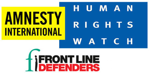 Логотип международных правозащитных организаций Human Rights Watch, Amnesty International и Front Line Defenders. Коллаж "Кавказского узла"
