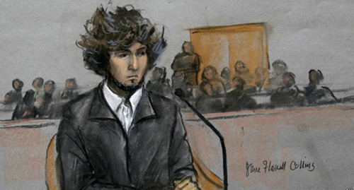 Рисунок Джохар Царнаев в зале суда. Фото: http://www.bbc.co.uk/russian/international/2015/01/150104_us_tsarnayev_trial