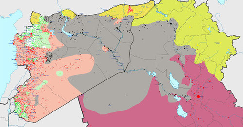 Территория, контролируемая «Исламским государством» (серый цвет), по состоянию на 23 февраля 2015 года. Фото: Haghal Jagul https://ru.wikipedia.org