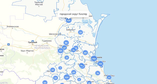 Скриншот карты распространения коронавируса в Дагестане по состоянию на 14 мая 2020 года, https://mydagestan.e-dag.ru