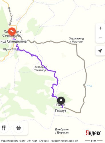 Дорога на Степанакерт через Гадрут на сервисе «Яндекс-Карты». https://yandex.ru/maps/