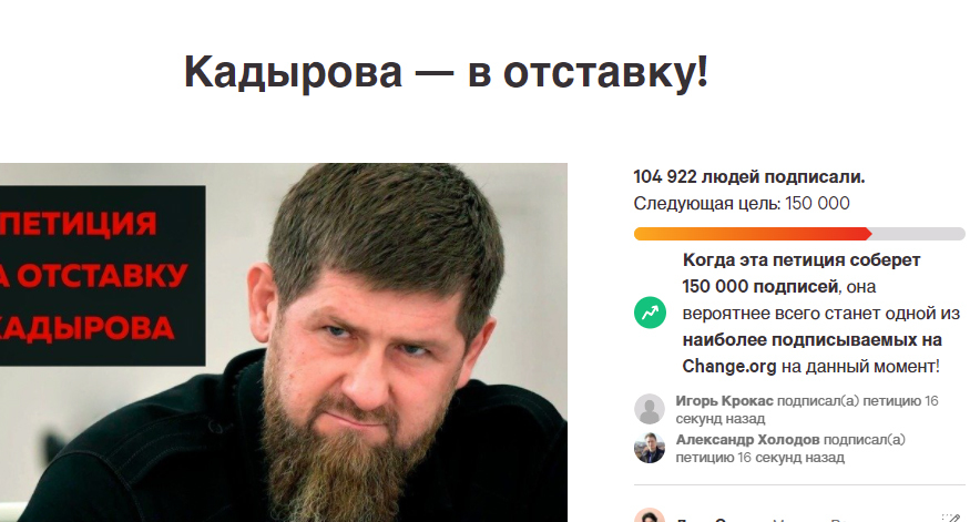 Скриншот петиции, опубликованной на сайте Change.Org, к президенту России с требованием отставки Рамзана Кадырова https://www.change.org/p/кадырова-в-отставку