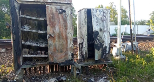 Сожженный релейный шкаф, фото: https://t.me/novosti_chelyab 