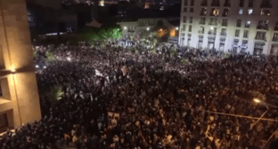 Участники протестов собрались перед администрацией правительства Грузии. Стоп-кадр видео от 17.04.24, https://t.me/GeoVol20/2371