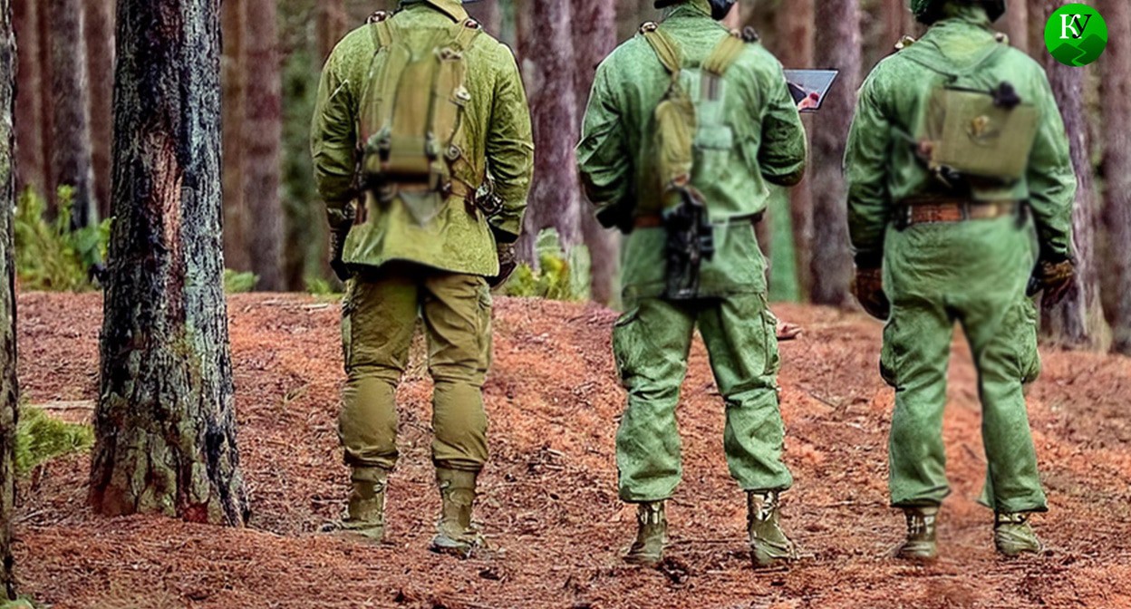 Военные стоят в лесу. Иллюстрация создана «Кавказским узлом» с помощью ИИ в программе Photoshop