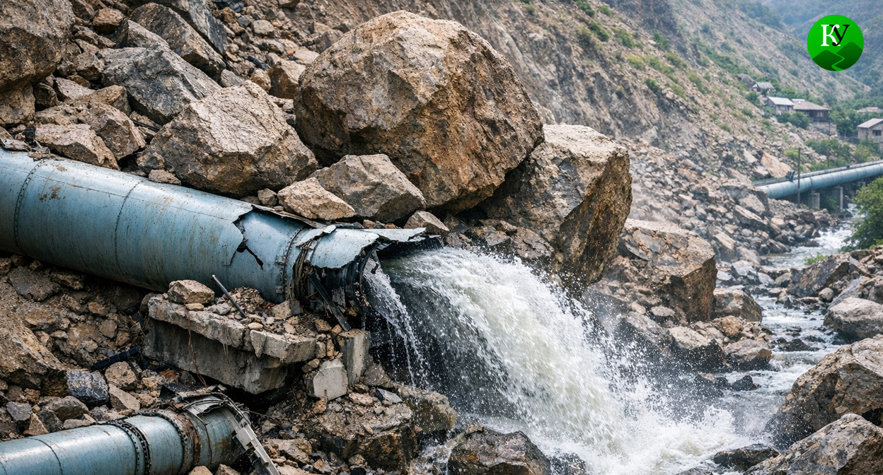 Камнепад повредил водопровод. Иллюстрация создана «Кавказским узлом» с помощью ИИ в программе Copilot Камнепад повредил водопровод. Иллюстрация создана «Кавказским узлом» с помощью ИИ в программе Copilot