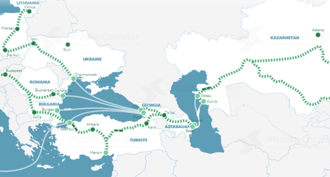 Участок Транскаспийского коридора. Скриншот страницы сайта международной ассоциации «Транскаспийский Международный Транспортный Маршрут» https://middlecorridor.com/ru/ Участок Транскаспийского коридора. Скриншот страницы сайта международной ассоциации «Транскаспийский Международный Транспортный Маршрут» https://middlecorridor.com/ru/